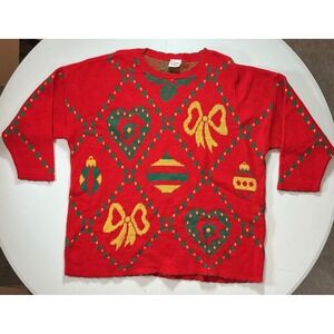 VTG Y2K Holiday Time Sweater Granny Womens XL Red Ugly Christmas Ornaments Bows